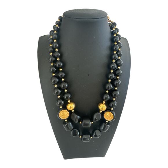 VTG Liz Claiborne Black Graduated Bead Necklace Gold Tone Crest Signed 2 Strand - Picture 1 of 7